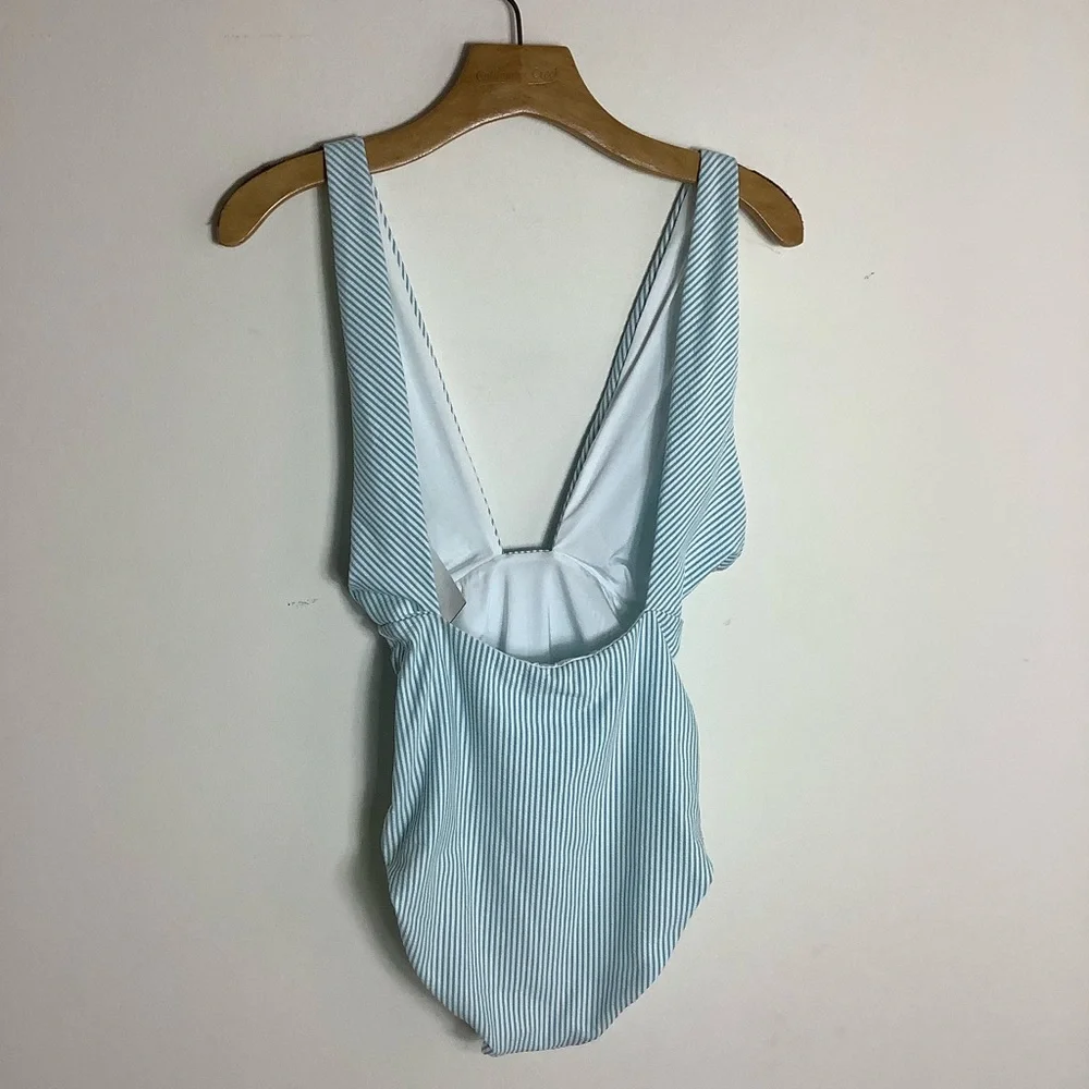 Onia Deep Vee Seersucker Blue one piece Swimsuit